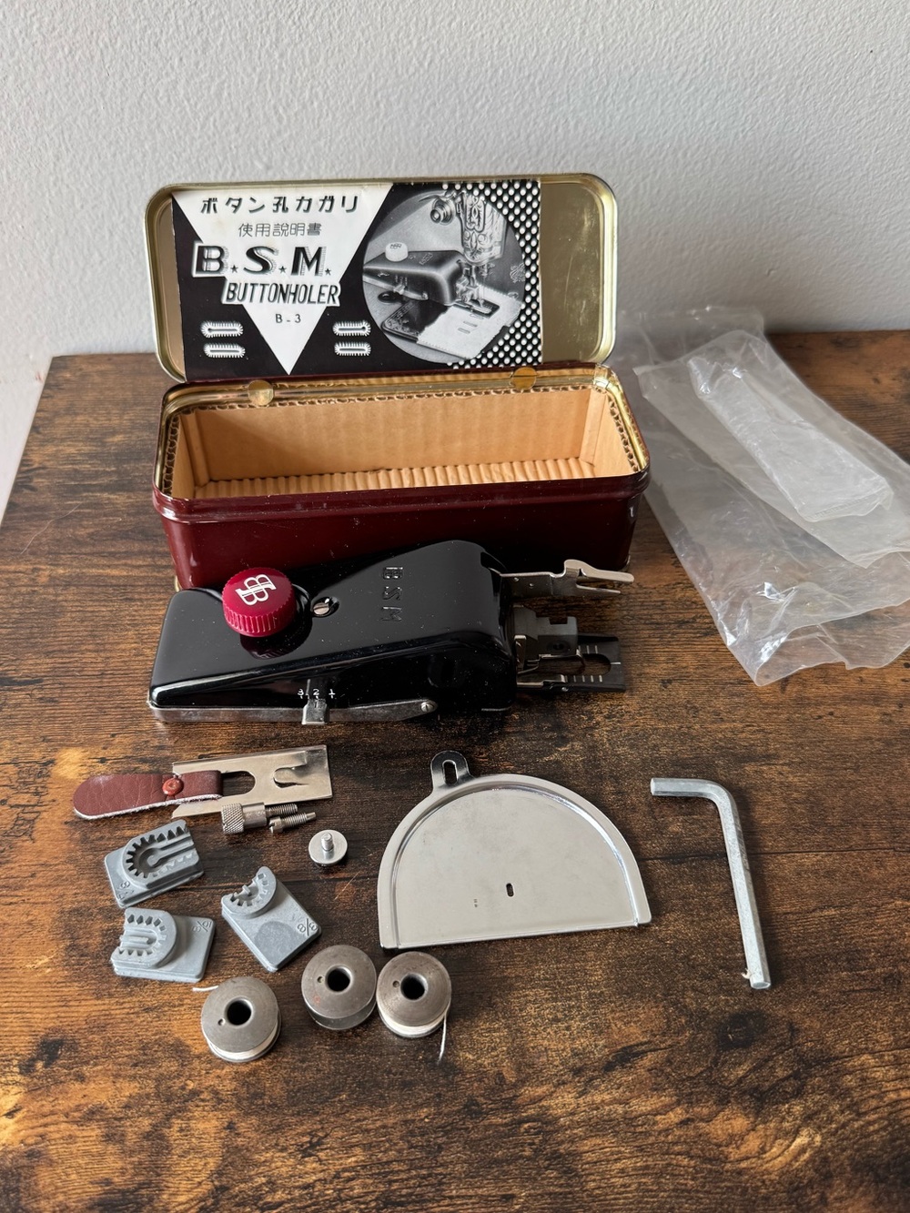 Vintage Brother BSM Buttonholer Attachment B-3 Model Sewing Machine Tin Case